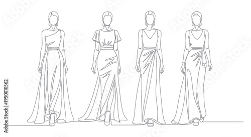 Black and White Line Art Fashion Models in Evening Gowns