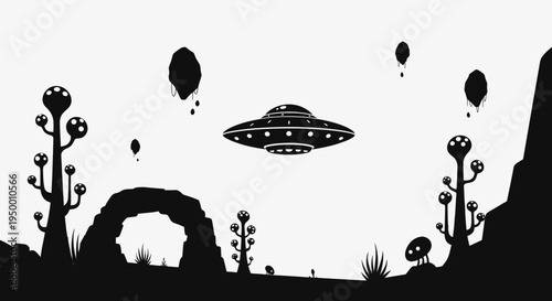 Alien Landscape UFO Saturn Moon Rocks Black and White Vector Art