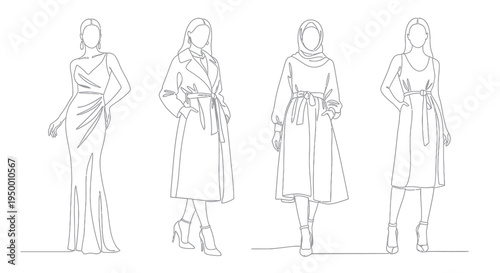 Fashion Models: Black  White Line Art of Women in Stylish Outfits