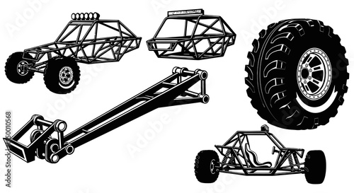 Black and White Line Art of Off-Road Buggy Parts and Tire