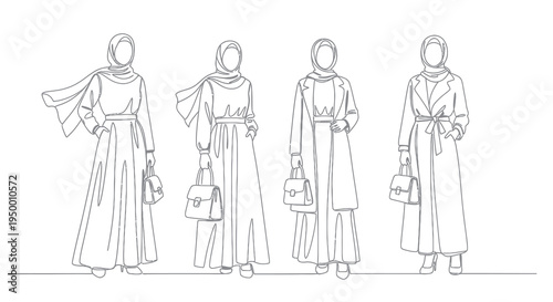 Line art fashion illustration of women in hijabs with handbags