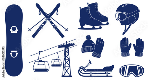 Winter Sports Equipment Icons in Flat Blue Style - Snowboarding, Skiing, Skating