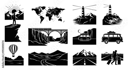 Travel Icons Set: Adventure, Transportation, Landscapes, and Destinations