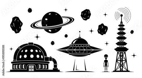 Black  White Sci-Fi Space Elements: UFO, Alien, Observatory, Planet, Tower