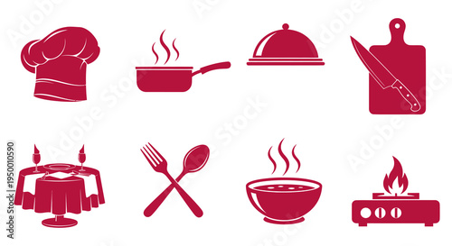 Red Cooking Icons: Chef Hat, Pot, Table, Knife, Soup, Stove - Flat Design