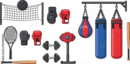 Comprehensive sports equipment vector set featuring boxing punching bags gloves dumbbells volleyball net tennis racket and wooden baseball bats for gym and fitness training design