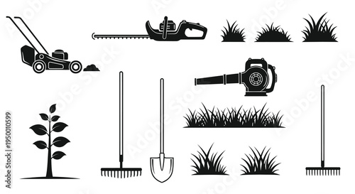 Black  White Glyph Icons of Garden Tools and Grass