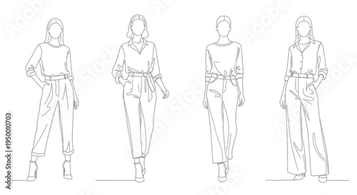 Black and white line art fashion illustration of women's outfits