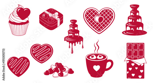 Valentine Chocolate Sweets Icons Set Red Flat Design Vector