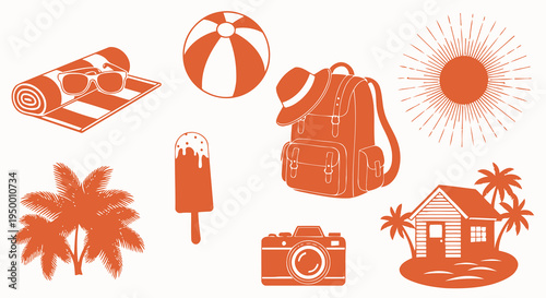 Summer Vacation Icons: Beach Travel Gear, Tropical Scene, Camera, Sun