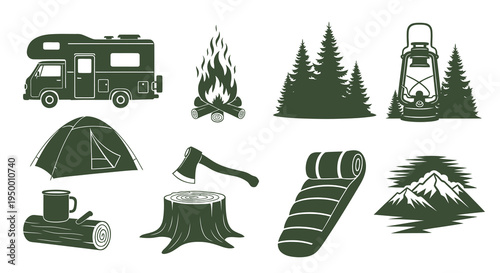Camping Gear Icons: RV, Tent, Fire, Axe, Sleeping Bag, Lamp, Mountains, Trees