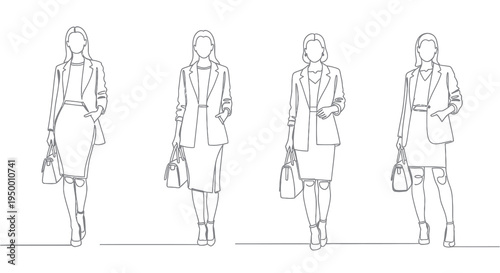 Business Women Line Art Fashion Corporate Style Black White Illustration