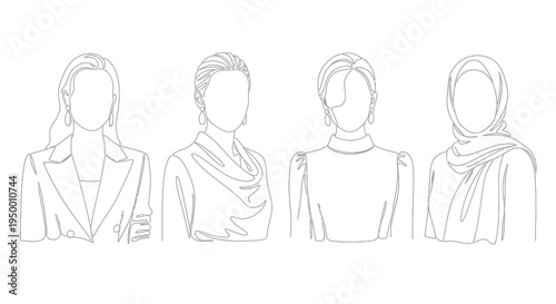 Minimalist continuous line art of diverse women, business, fashion