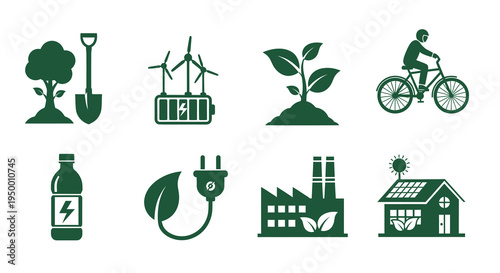 Eco-friendly green icons: tree, shovel, wind turbines, battery, plant, bike, bottle, plug, factory, house