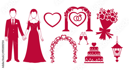 Red Wedding Icons - Bride, Groom, Cake, Arch, Flowers, Lantern, Glasses