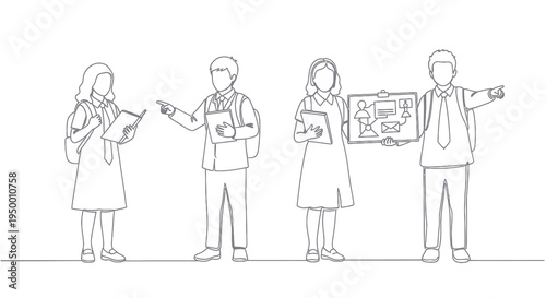 Students holding books and presentation, vector line art, education concept
