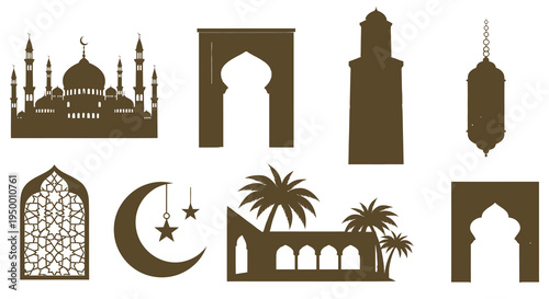 Islamic Architecture Symbols Flat Design Icons Set Brown
