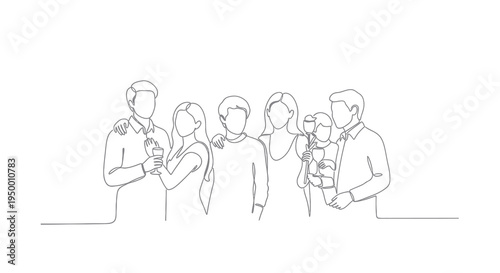 Minimalist Line Art of a Diverse Group of People Celebrating Together