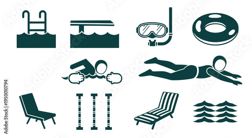 Swimming Pool Icons Set: Ladder, Dive Board, Swimmer, Goggles, Tube, Chair, Waves