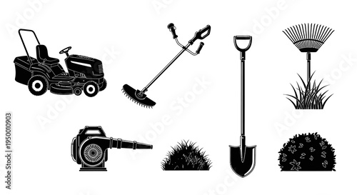 Black and White Garden Tools Silhouette Set: Lawnmower, Trimmer, Blower, Shovel, Rake