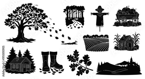 Black and White Autumn Harvest and Farm Scene Vector Illustrations