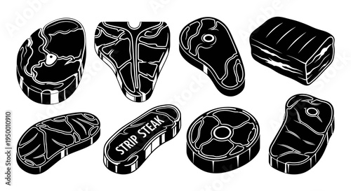 Black and White Line Art of Various Meat Cuts