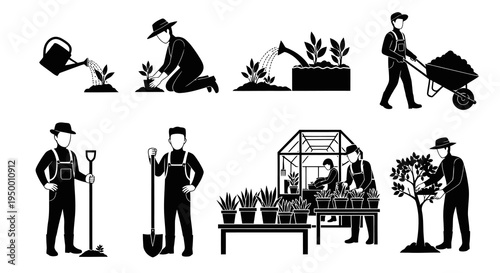 Gardener Activities Icons Set, Black  White Flat Design