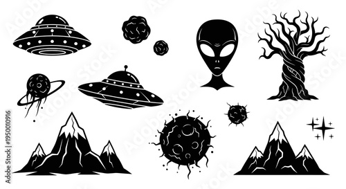 Sci-fi alien UFO vector glyphs: planets, mountains, spooky tree, alien
