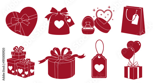 Valentine's Day Gift Icons: Hearts, Rings, Bags, and Presents - Flat Red