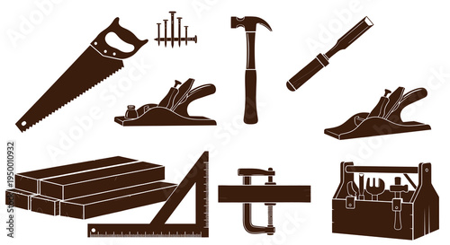 Woodworking tools set, hand saw, hammer, plane, chisel, clamp, toolbox, vector