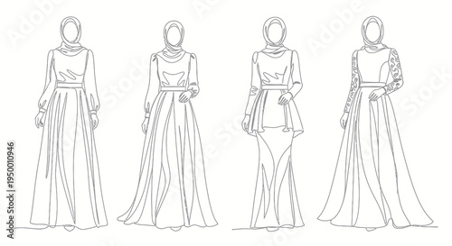 Black and White Line Art Muslim Women Modest Fashion Dresses