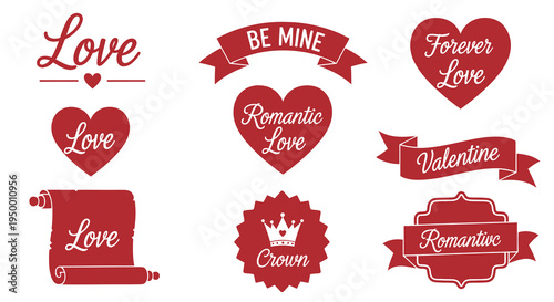 Valentine's Day Love Heart and Banner Vector Icons, Romantic Collection