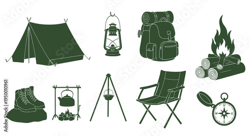 Green Camping Equipment Icons Set - Tent, Backpack, Lantern, Boots, Compass