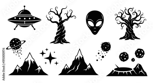 Sci-Fi Icons Black and White Set: UFO, Alien, Tree, Mountains, Planets