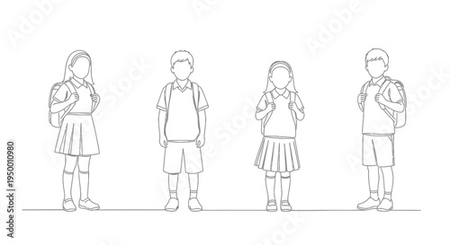 Black and White Line Art of Diverse Students with Backpacks
