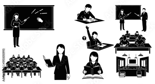 Black and white glyphs of classroom education, teachers, students, and books