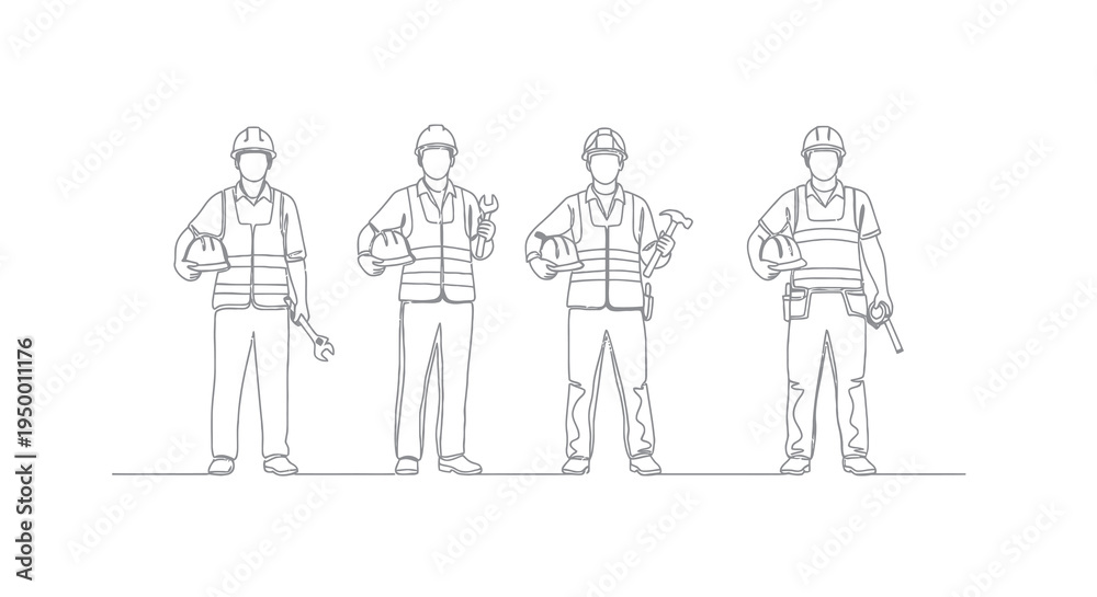 Obraz premium Construction Workers Line Art - Men Holding Helmets Tools, Vector