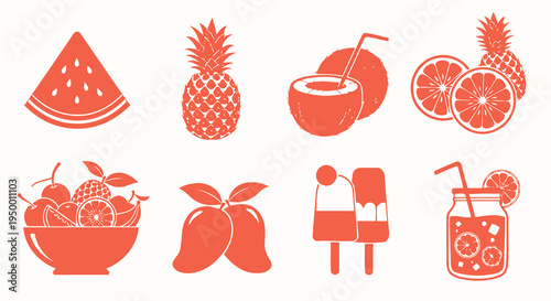 Orange Fruit Icons: Watermelon, Pineapple, Coconut, Mango, Juice, Popsicle