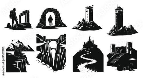 Black and White Vector Icons: Hikers, Castles, Bridges, and Towers