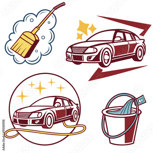 Car washing and cleaning service icons with car wash with drive thru