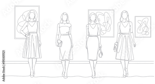 Line art women in dresses at art gallery exhibition, fashion vector