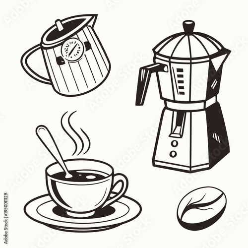 Coffee brewing and serving set with cup and pot with drink icon