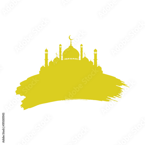 A stunning illustration of a mosque with minarets and a dome on a yellow brush stroke