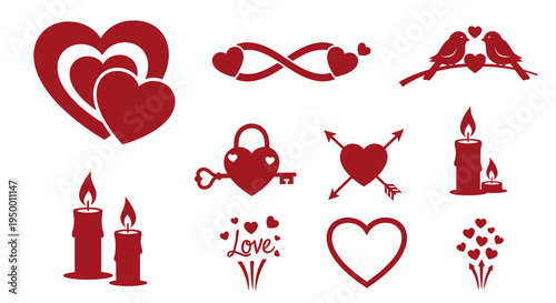 Valentine's Day Red Heart Love Symbols with Birds, Candles, Lock, and Arrows