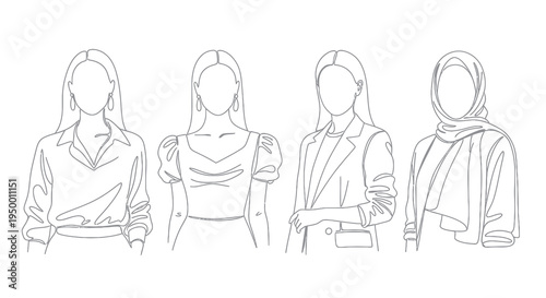 Diverse Women in Business Attire: Line Art Vector