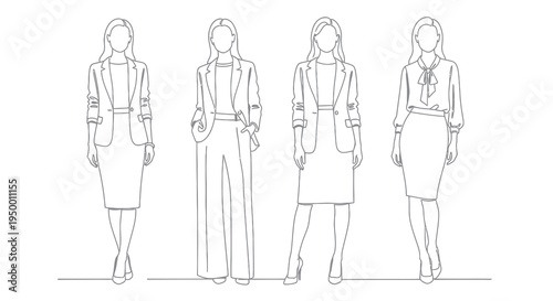Business women line art, corporate fashion, professional attire
