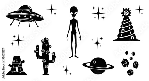 Sci-Fi Icons Black Glyph: UFO, Alien, Cactus, Planet, Asteroids, Tower, Building