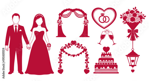 Wedding Elements Red Icons Bride Groom Cake Flowers Clipart