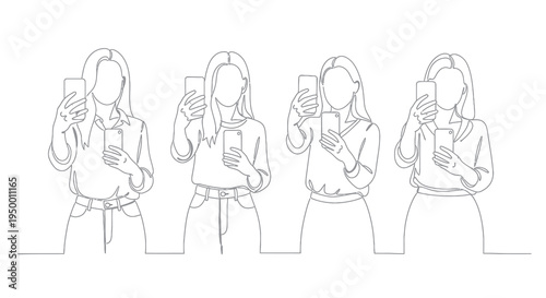 Women taking selfies with phones, line art, tech lifestyle