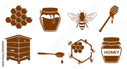 Honey bee icons: hive, jar, honeycomb, honey dipper, spoon, vector